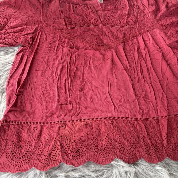 Knox Rose Womens Top Size XXL Plus Solid Red Eyelet Lace Short Sleeve Bohemian - Picture 2 of 9